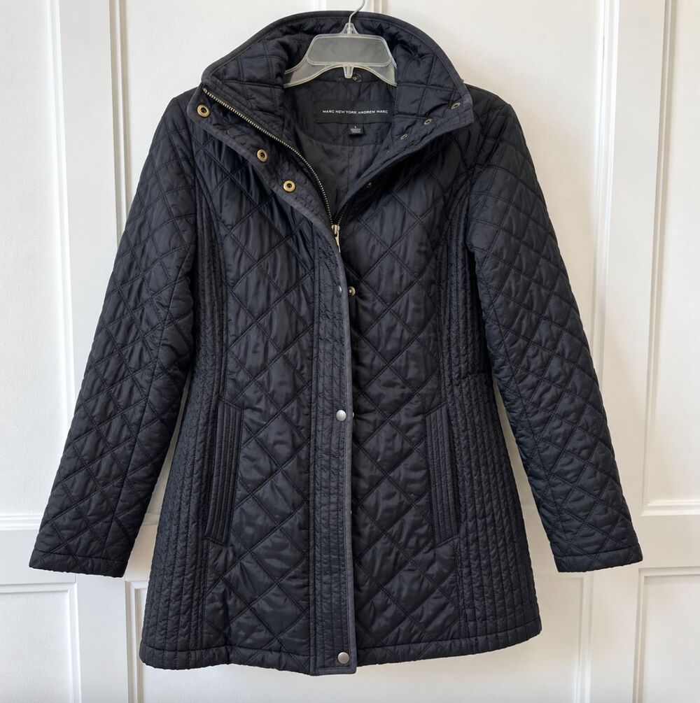 Marc New York Andrew Marc Womens S Black Quilted Hooded Puffer Coat Jacket Zip